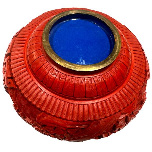 Antique Chinese Cinnabar Ornate Red Trinket Box Blue Enameled Brass Exquisite - Picture 7 of 9
